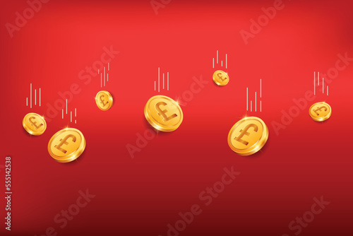 Pound Sterling gold coins falling from top on red background. Realistic 3D gold coins. Ecommerce free credit concept.
