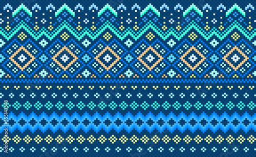 Geometric ethnic pattern, Vector embroidery ethnic background, Pixel diagonal ornate style, Blue and green pattern tribal culture, Design for textile, fabric, curtain, wallpaper, sweater