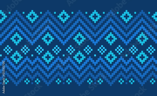 Pixel ethnic pattern, Vector embroidery jacquard background, Geometric handcraft zigzag style, Blue pattern template native, Design for textile, fabric, ceramic, tile, mugs