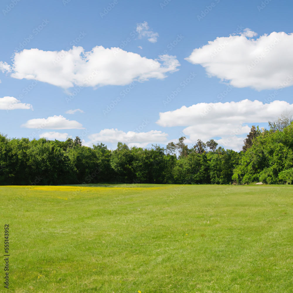 Obraz premium Landscape - grass, trees and sky - generative ai