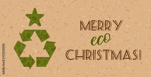Christmas tree in the form of a recycling symbol. Environmentally friendly. Snowflake, holly. Post-holiday cleaning, green holidays, reasonable consumption. Horizontal banner for website, poster