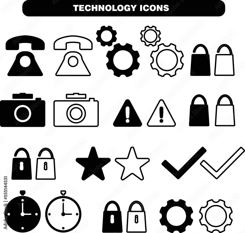 Technology icons set black and outline Technology icons set black and outline