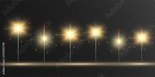 	
Magical light. Sparkler. Candle sparkling on the background. Realistic vector light effect. Winter, seasonal christmas decoration illustration.
