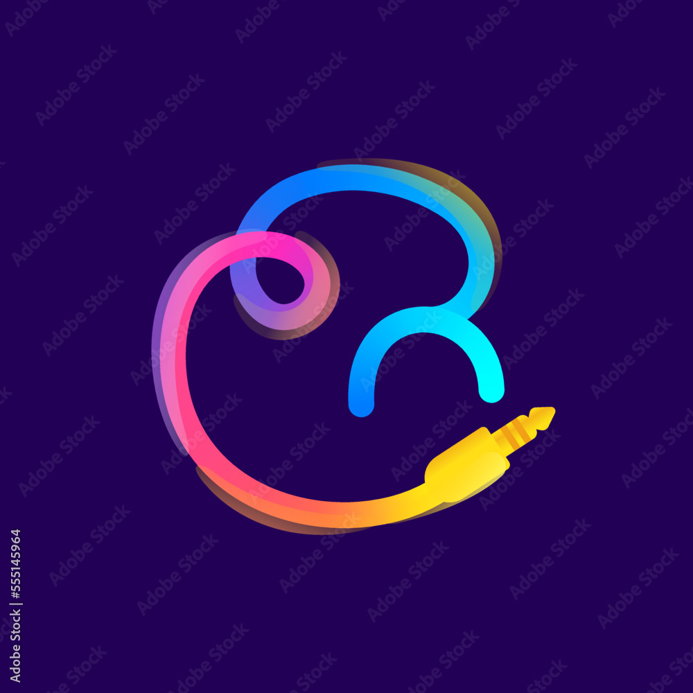 Fototapeta premium G letter logo made of vivid gradient line wire with mini jack icon and rainbow shine.