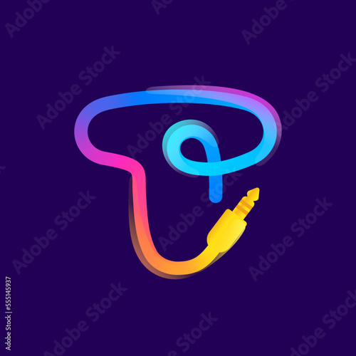 T letter logo made of vivid gradient line wire with mini jack icon and rainbow shine.