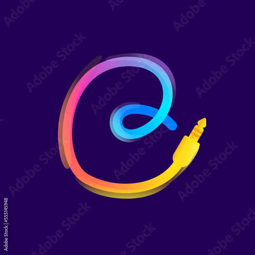 B letter logo made of vivid gradient line wire with mini jack icon and rainbow shine.