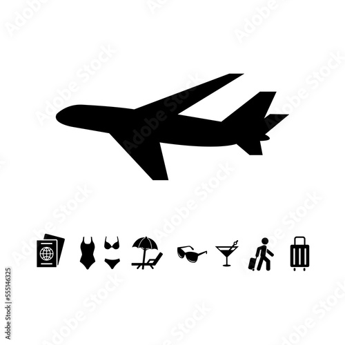 Set of black flat travel and vacation vector icons. Palm tree, sailing ship, camera, bikini swimsuit, plane, sunglasses, suitcase, drink, starfish and sunbed