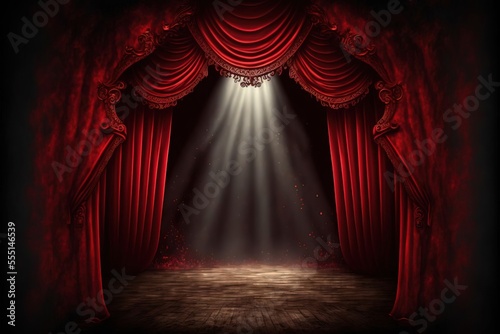4K resolution or higher, Magic theater stage red curtains Show Spotlight. Generative AI Technology
