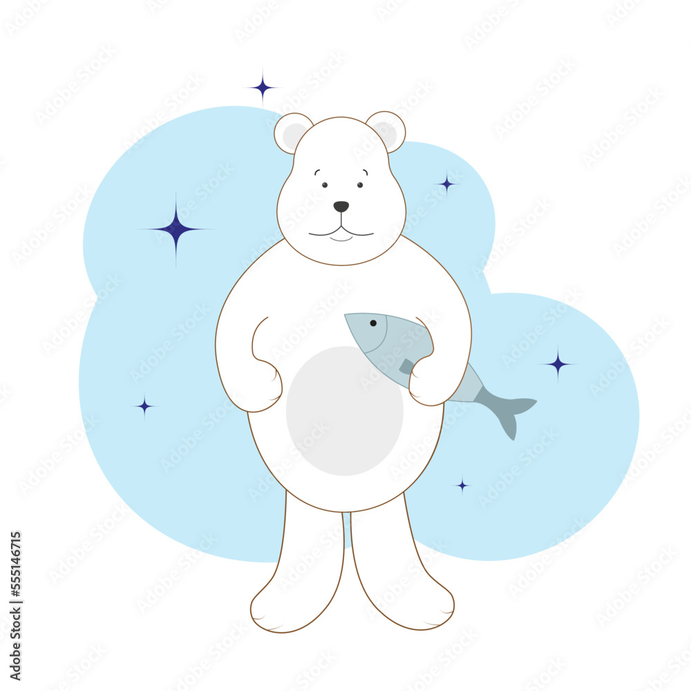 Cute cartoon white bear with a fish in its paw. Vector illustration Cute cartoon white bear with a fish in its paw. Vector illustration