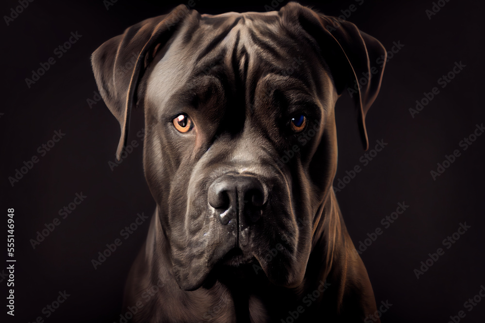 Cane Corso dog isolated on a black background. Generative AI	