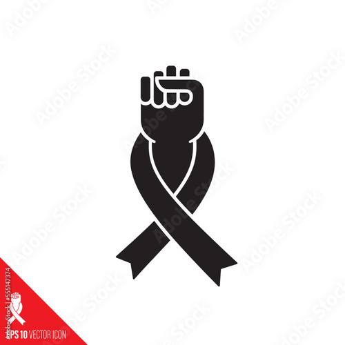 Fist with ribbon vector icon. Cancer and other health issues awareness symbol.