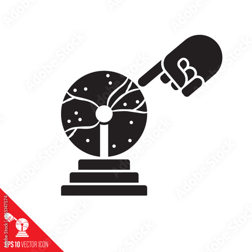 Hand touching a plasma ball vector glyph icon. Symbol of science and technology.