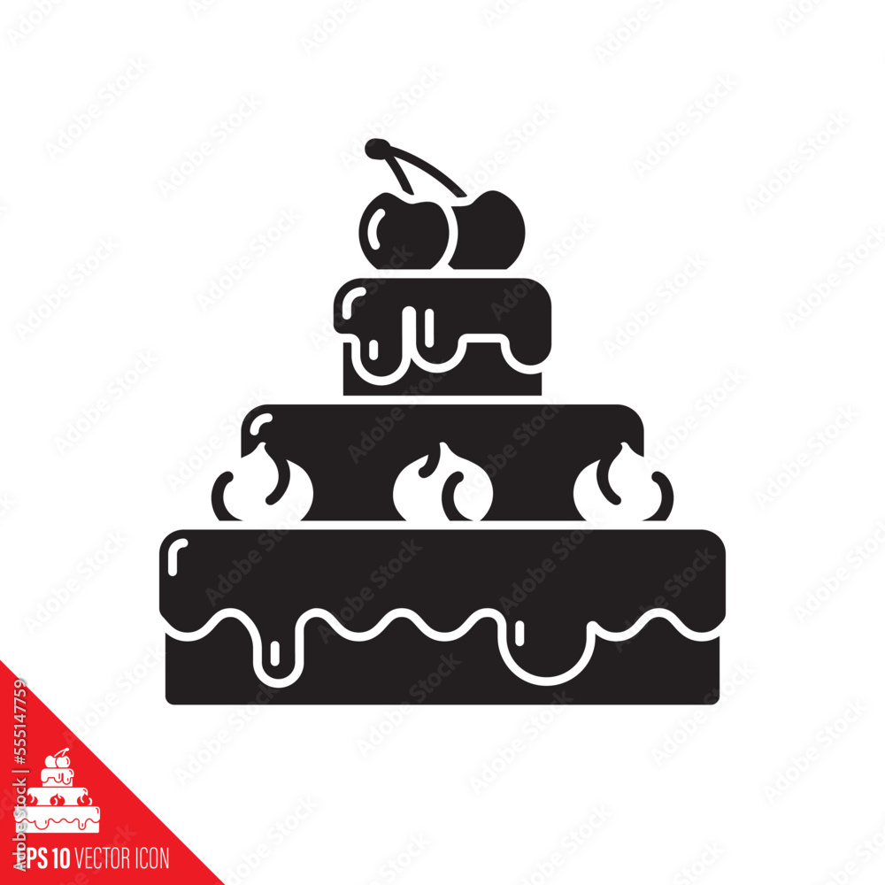 Chocolate cake with cream and cherries on top glyph icon. Sweet food vector symbol. Chocolate cake with cream and cherries on top glyph icon. Sweet food vector symbol.
