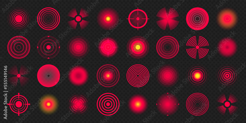 Pain localization marks. Painful area, aching spot. Red circles, targets. Headache, bruised body part marker. Back, neck, muscle pain symbol. Healthcare ad, medical information. Vector illustration. Pain localization marks. Painful area, aching spot. Red circles, targets. Headache, bruised body part marker. Back, neck, muscle pain symbol. Healthcare ad, medical information. Vector illustration.
