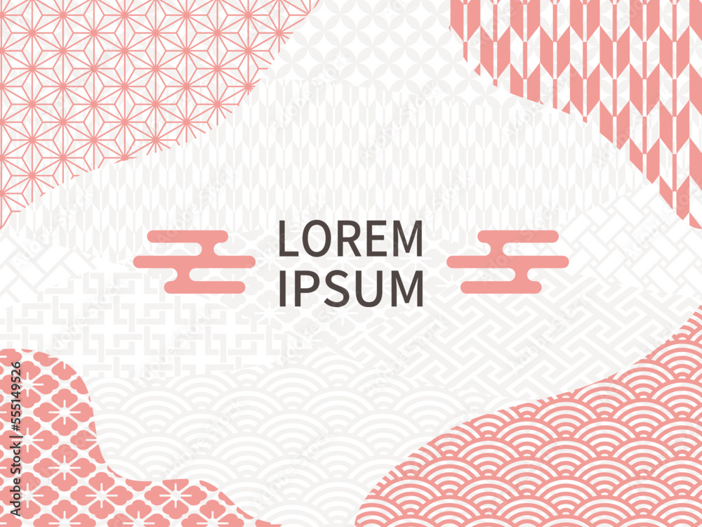 明るい赤のダイナミックにカーブする和柄。抽象的な背景。青海波と矢絣など。