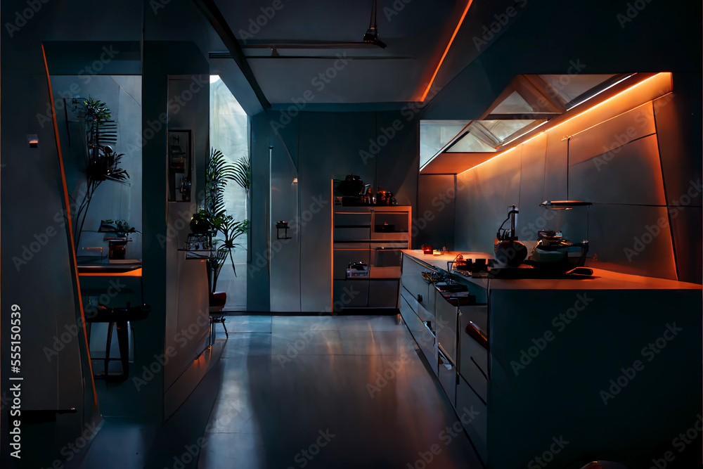 Illustration of modern dark apartment with big windows. created with Generative AI technology. - obrazy, fototapety, plakaty 