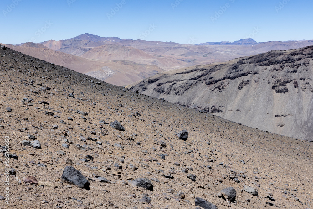 View of the breathtaking landscape at Paso Vergara / Paso del Planchón in Argentina while climbing up to the complex of the three volcanos Azufre, Peteroa and Planchón