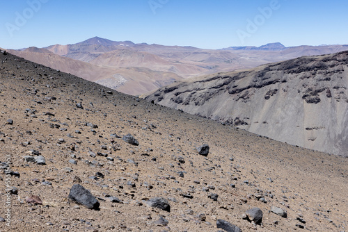 View of the breathtaking landscape at Paso Vergara / Paso del Planchón in Argentina while climbing up to the complex of the three volcanos Azufre, Peteroa and Planchón