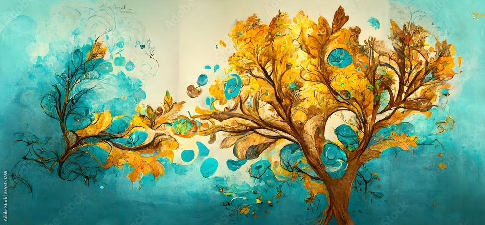 Mural Wallpaper. colorful tree with turquoise, blue and brown leaves in the drawing background.