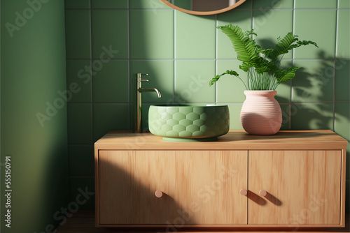 Close-up of wash basin in green bathroom  illustration. Created with Generative AI technology.