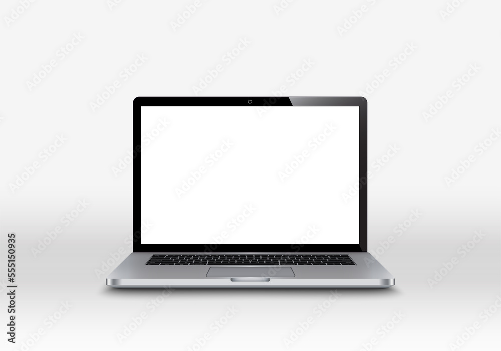Realistic perspective laptop with keyboard isolated on white background incline 90 degree. Computer notebook with empty screen template. Blank space on mobile computer with keypad. illustration