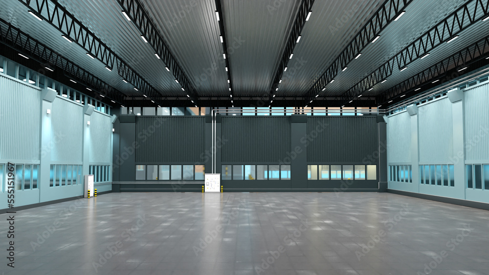 Empty warehouse. Industrial building inside view. Empty hangar for factory or plant. Industrial background. Warehouse with concrete floor. Industrial hangar with square windows. 3d image.