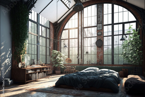 Illustration of industrial bedroom with high ceilings,created with Generative AI technology.
