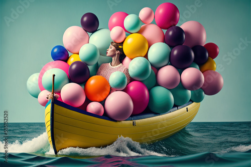 A small ship full of colorful helium balloons sailing the sea. Creative colorful party concept. Beautiful colorful balls as a symbol of fun and love. Illustration, Generative AI. photo