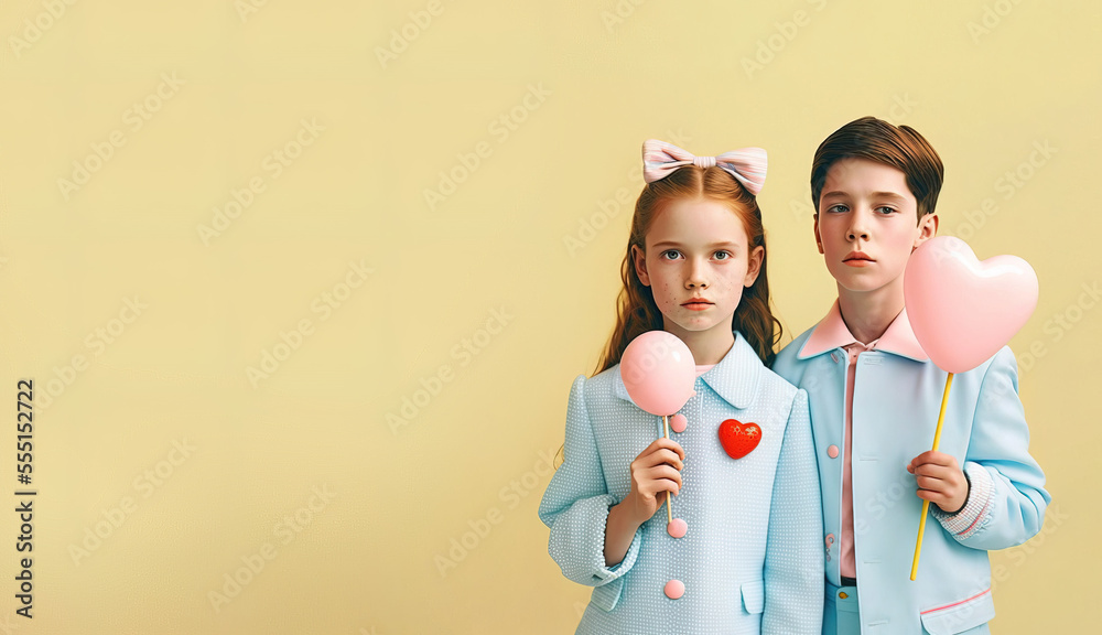 Little School kids dressed in a pastel color clothes, cute suit, holding a heart shaped balloon. Happy children, little Valentine's Day. Pastel background. Illustration. Generative AI. Little School kids dressed in a pastel color clothes, cute suit, holding a heart shaped balloon. Happy children, little Valentine's Day. Pastel background. Illustration. Generative AI.