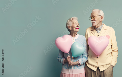 A married couple of pensioners who are happy in love and have a matching outfit of pastel colors. Love that lasts forever. Grandparents holding a heart shaped balloon. Illustration. Generative AI.