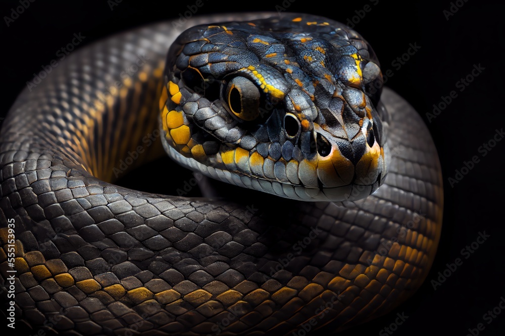 Fototapeta premium Close-up snake isolated on black background. Generative AI