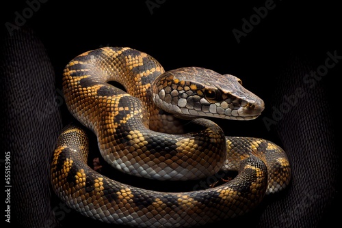Close-up snake isolated on black background. Generative AI