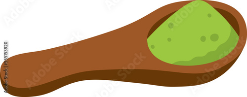 Green matcha powder on wooden spoon flat icon