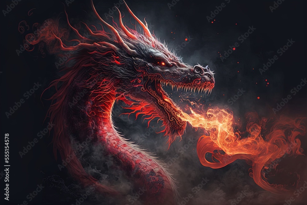 Picture of a red Chinese dragon breathing fire. Generative AI Stock ...