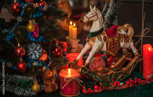 Christmas atmosphere, Holidays vibe, wicca energy magic, Chariot illustration. Christmas eve prediction. Attracting love, dynamic, money and luck into your life. 