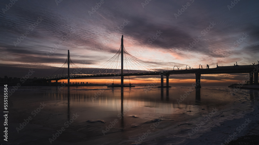 Cable-stayed bridge in the evening at sunset