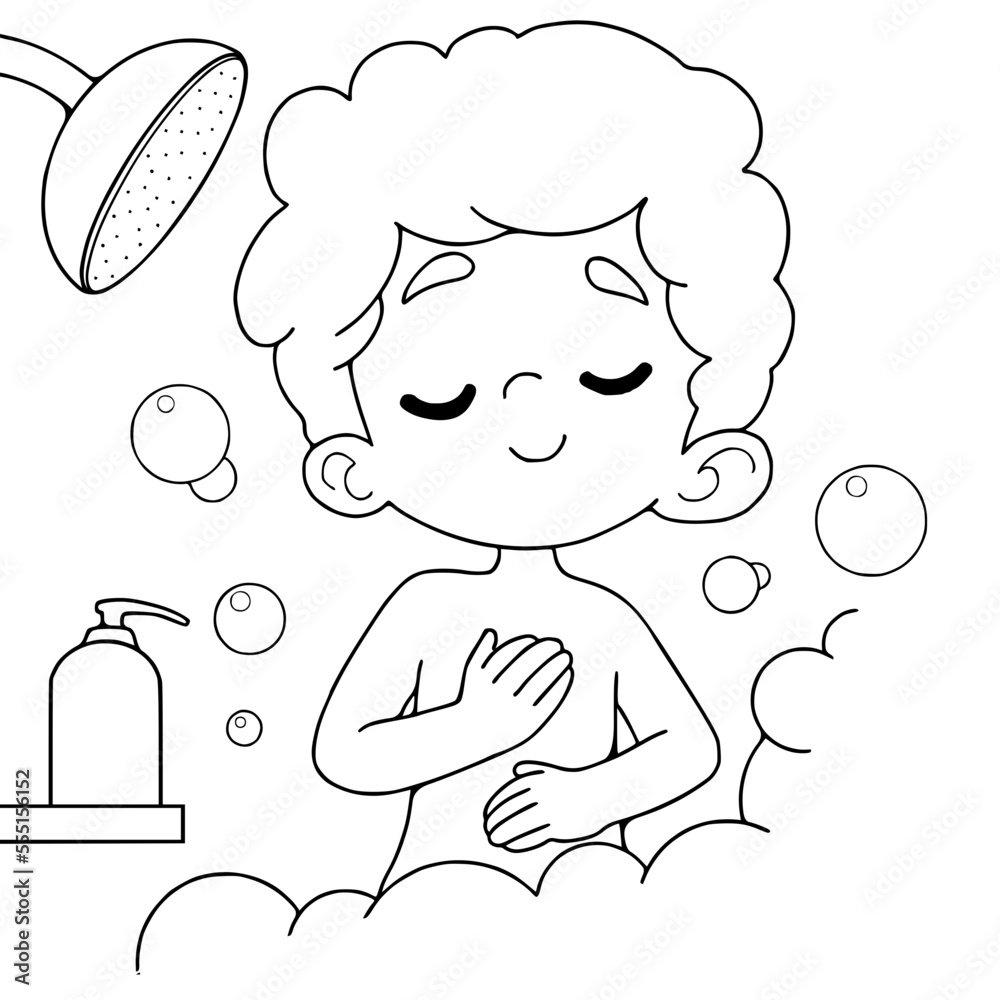 Boy taking a shower .Black and white vector illustration of a kids