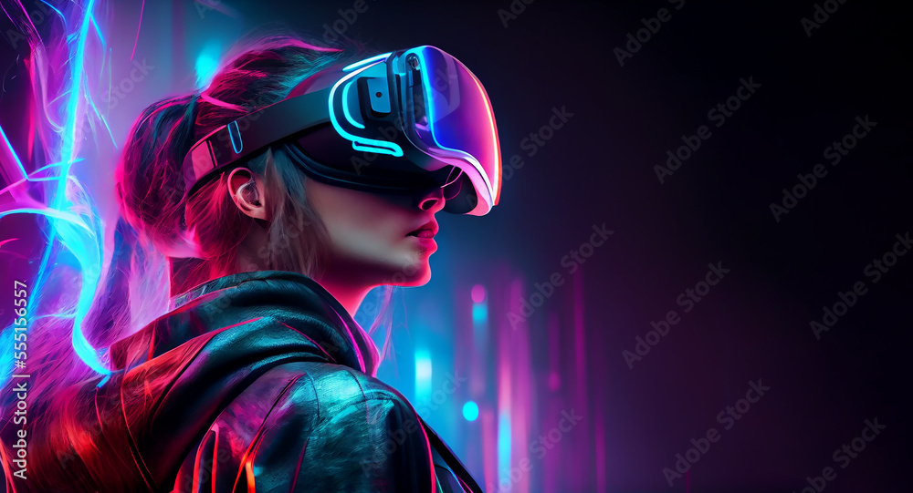 Woman wearing VR headset image created with Generative AI technology. Woman wearing VR headset image created with Generative AI technology.