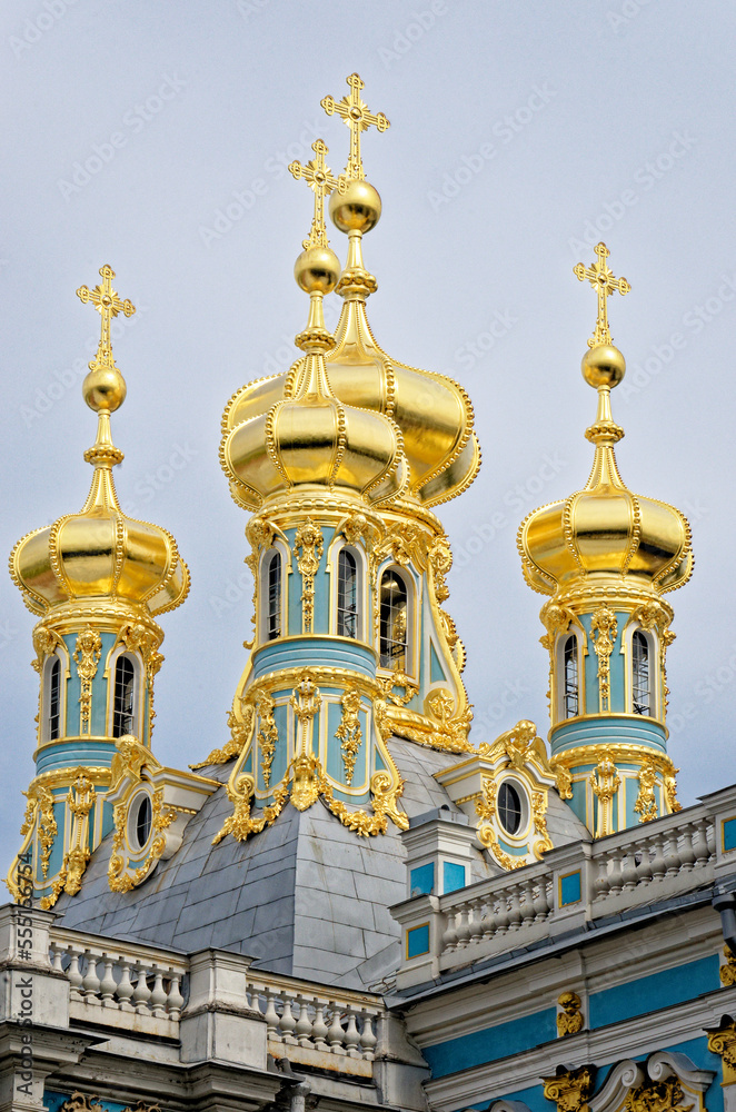Golden spires of the Church Of The Resurrection in Catherine's Palace - St. Petersburg