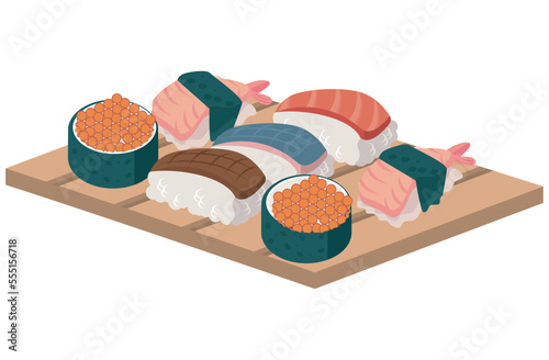 ebi sushi and rolls in board
