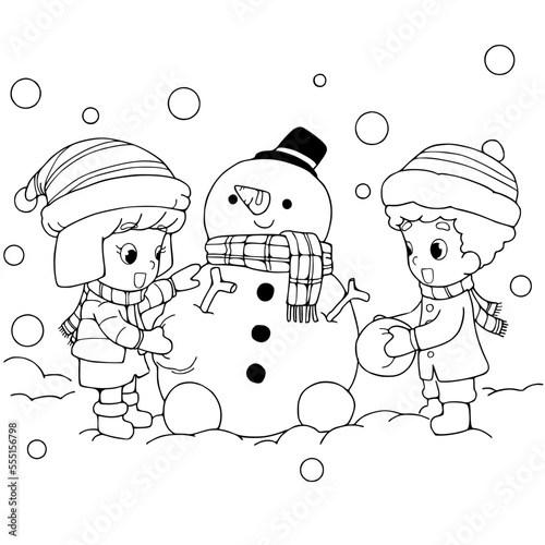 Coloring book kids building snowman vector illustration.