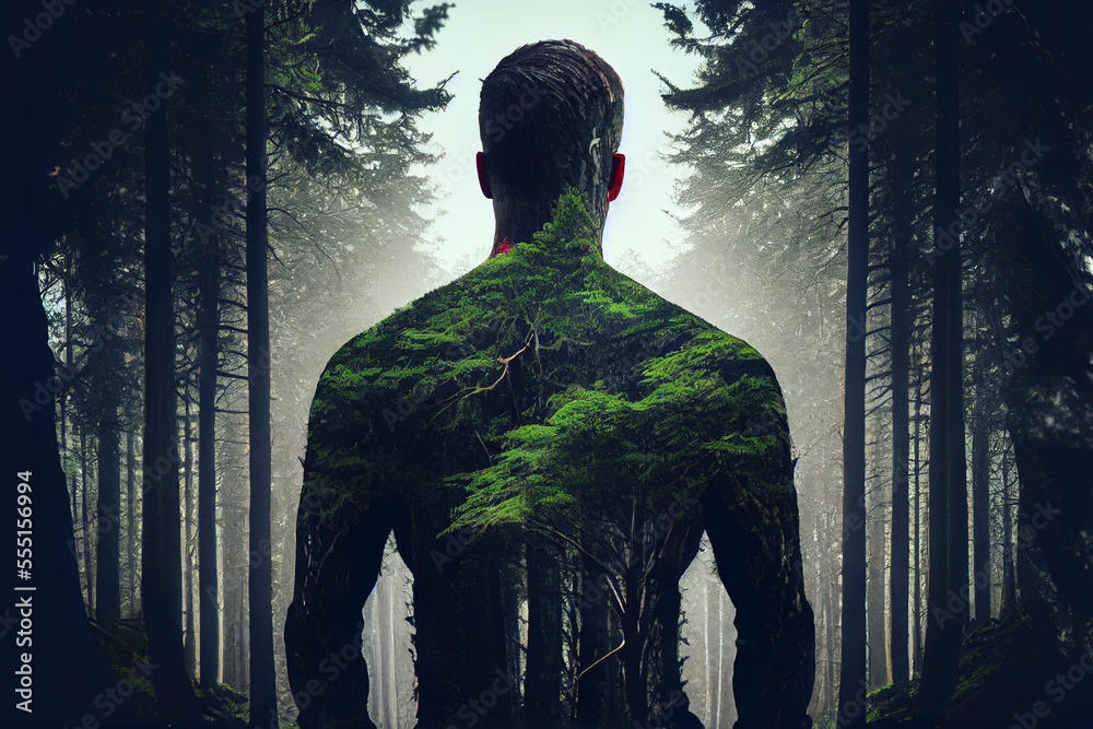Mann wird zu Wald, Generative KI - obrazy, fototapety, plakaty 