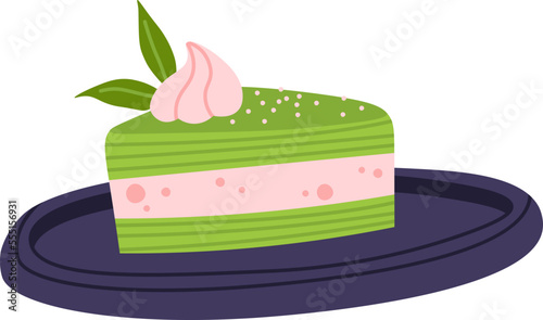 Delicious cake with matcha on plate flat icon