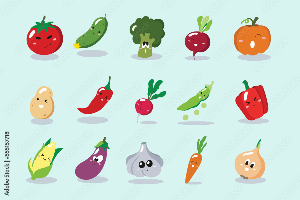 Cute set of cartoon vegetables icons. Vector illustration for cards, posters, flyers, webs and other use. Cute set of cartoon vegetables icons. Vector illustration for cards, posters, flyers, webs and other use.