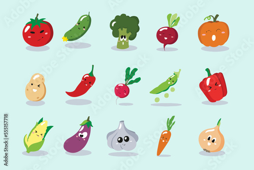 Cute set of cartoon vegetables icons. Vector illustration for cards  posters  flyers  webs and other use.