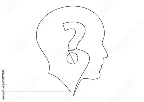 Continuous line drawing head with a question mark concept