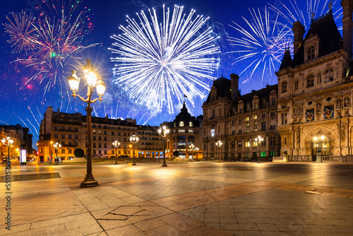 New Year fireworks display over the city hall of Paris, France