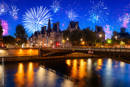 New Year fireworks display over the city hall of Paris, France