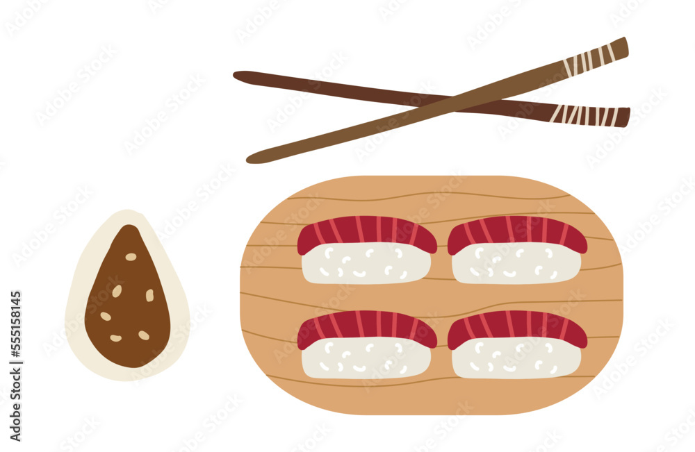 Sushi with tuna and soy sauce on wooden plate. Cute hand drawn cartoon illustration for asian food menu, stickers, wall art, restaurant logo Sushi with tuna and soy sauce on wooden plate. Cute hand drawn cartoon illustration for asian food menu, stickers, wall art, restaurant logo