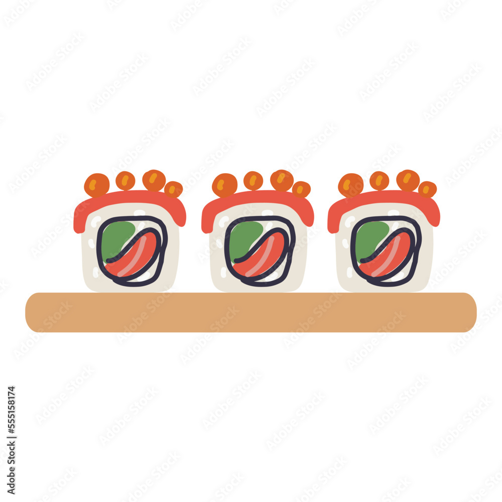 Sushi roll with salmon, avocado, cheese and fish caviar on wooden plate. Cute hand drawn cartoon illustration for asian food menu, stickers, wall art, restaurant logo
